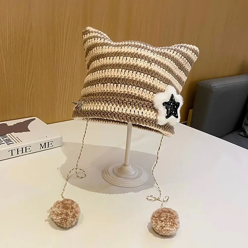 Devil Ear Striped Knit Beanie