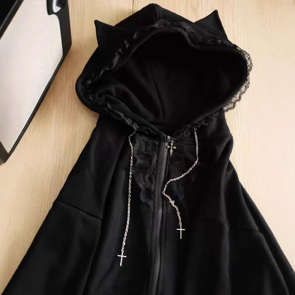 Cat Ear Cross Zip-Up Hoodie with Lace-Up Sleeves