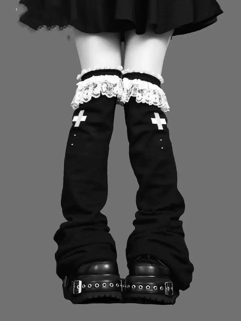 Lace Flare Leg Warmers with Cross Studs