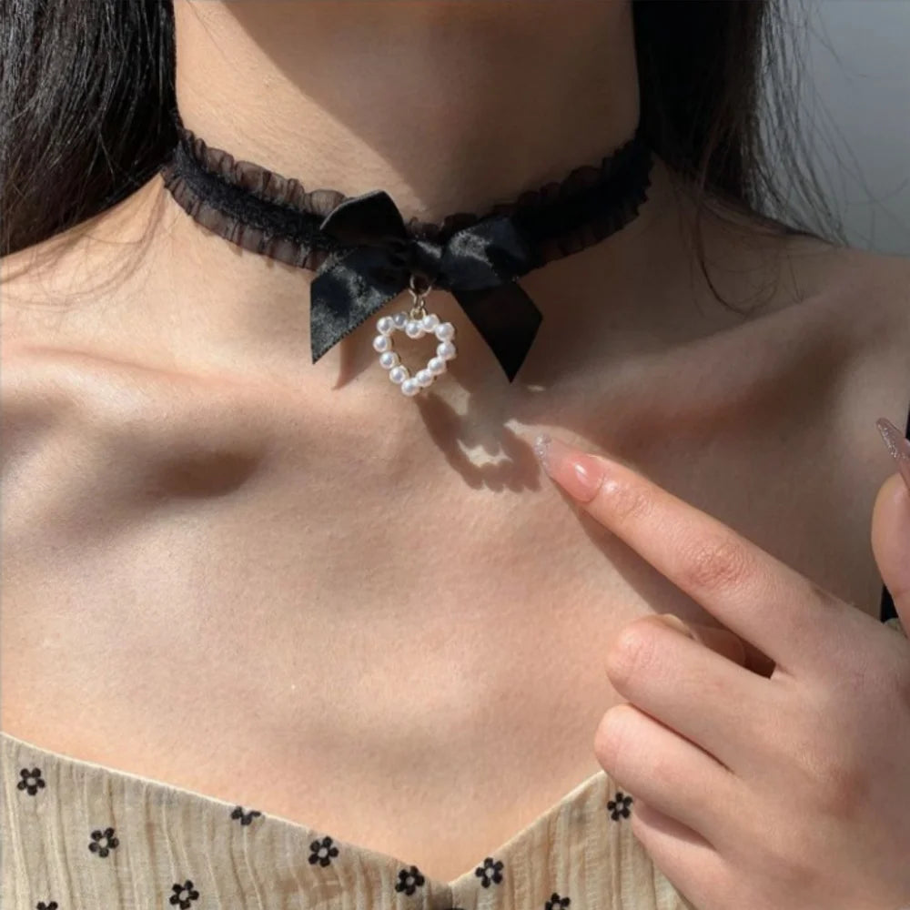 Lace Heart Bow Choker Necklace