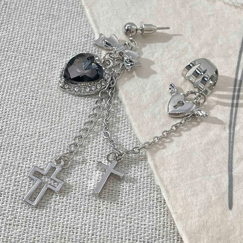 Punk Gothic Black Crystal Heart Cross Chain Earring for Men Women Hip Hop Metal Cross Ear Clip on Earrings Girls Jewelry Gifts