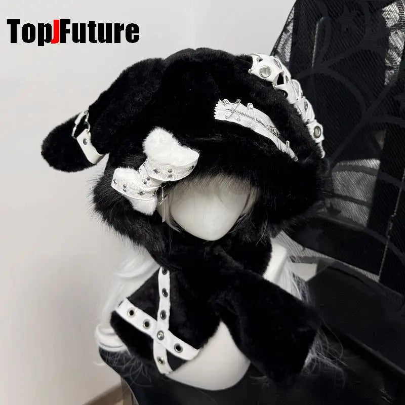 Furry Bunny Ear Hat with Star Band & Cross