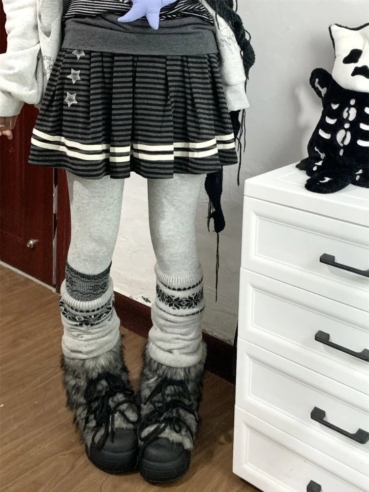 Grey Striped Pleated Mini Skirt with Stars