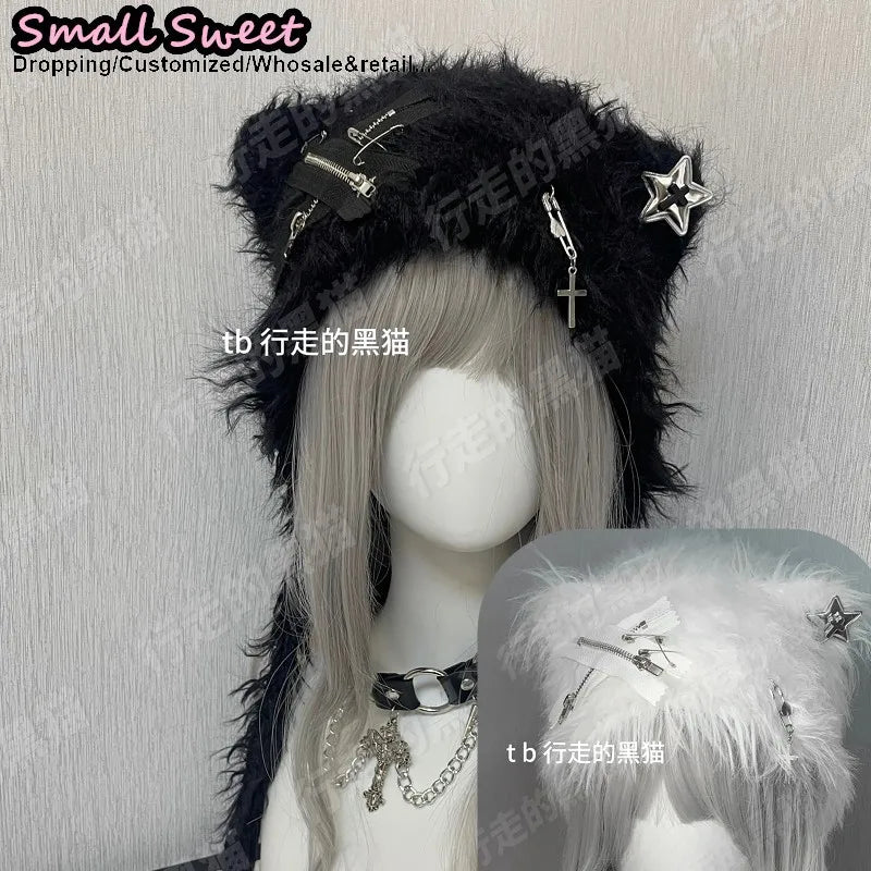 Fuzzy Bear Ear Hat with Pins & Charms