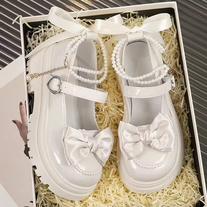 Heart Buckle Bow & Pearl Chain Mary Janes