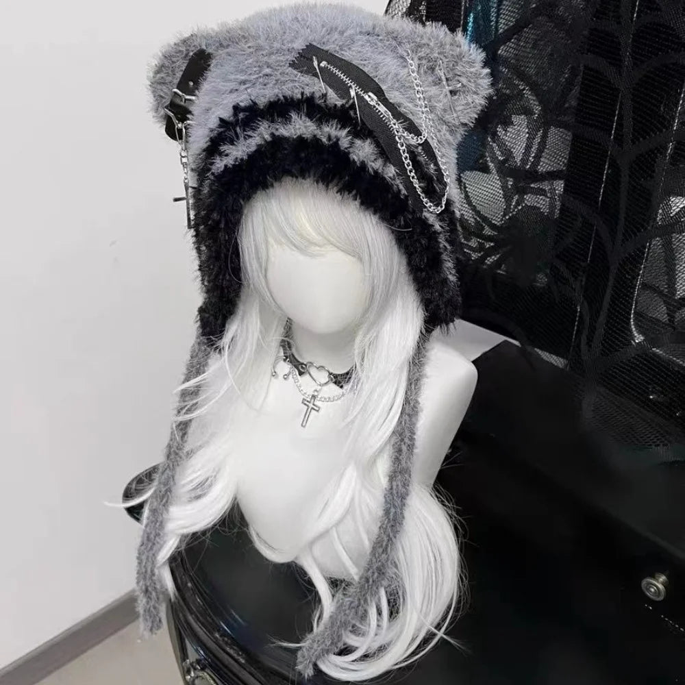 Fuzzy Bear Ear Hat with Chains & Cross