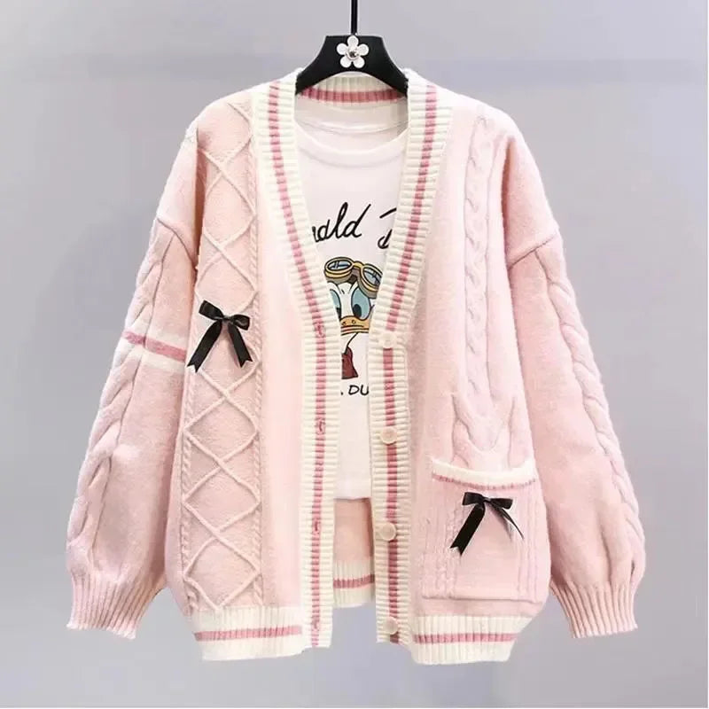Pink Bow Varsity Knit Cardigan
