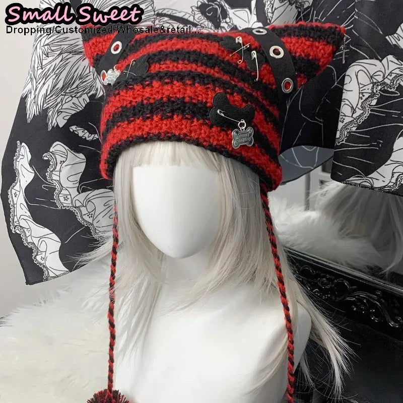Cat Ear Ear-Flap Beanie with Pompoms