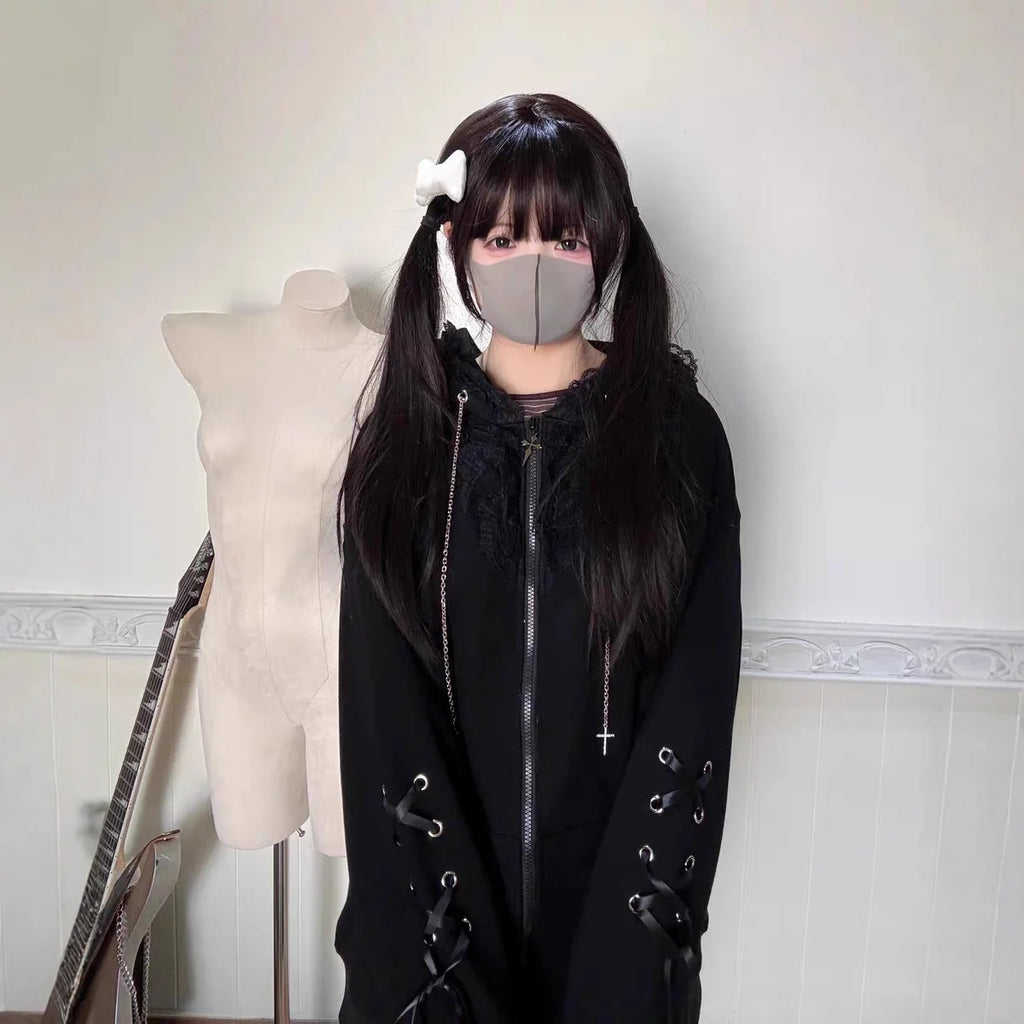 Cat Ear Cross Zip-Up Hoodie with Lace-Up Sleeves