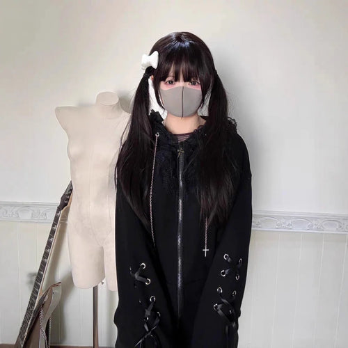 Cat Ear Cross Zip-Up Hoodie with Lace-Up Sleeves