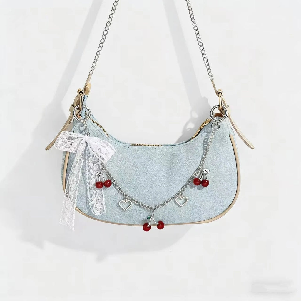 Y2K Cherry Bag Chain with Lace Bow, Heart Charm Metal Purse Strap, Aesthetic Bag Accessory for Women Girls
