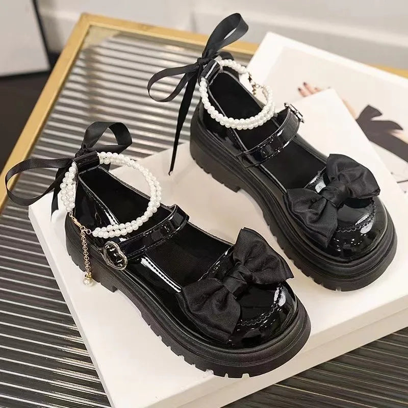 Heart Buckle Bow & Pearl Chain Mary Janes