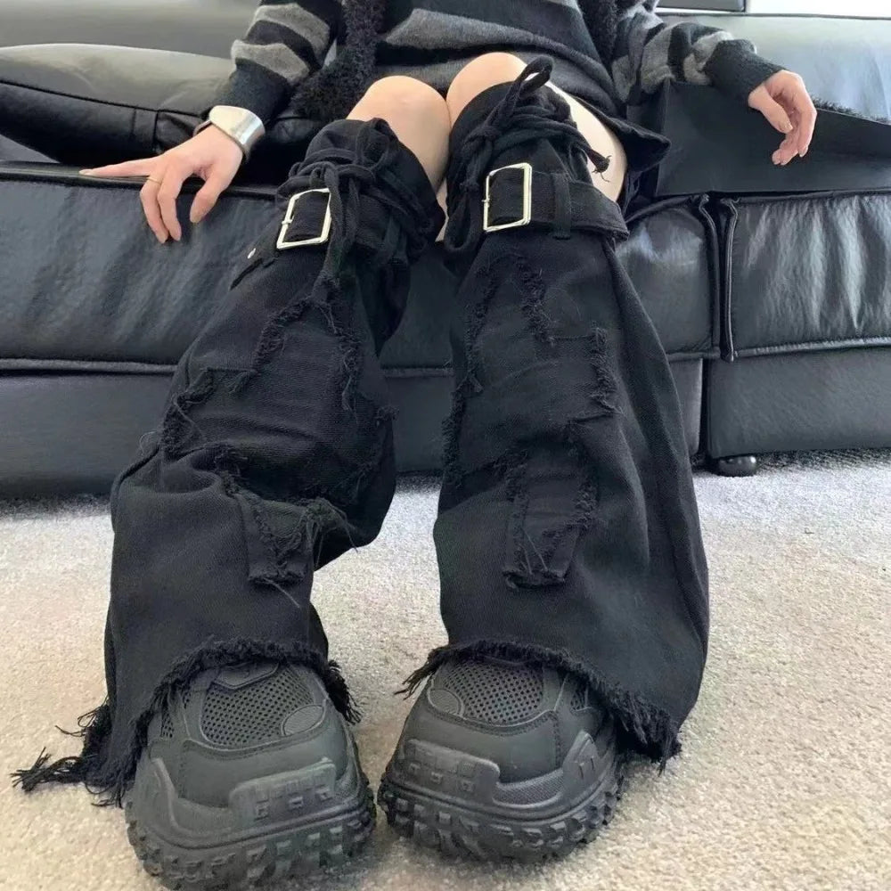 Distressed Denim Buckle Leg Warmers