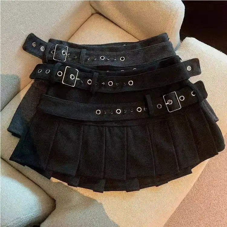 Double Belt Pleated Micro Mini Skirt