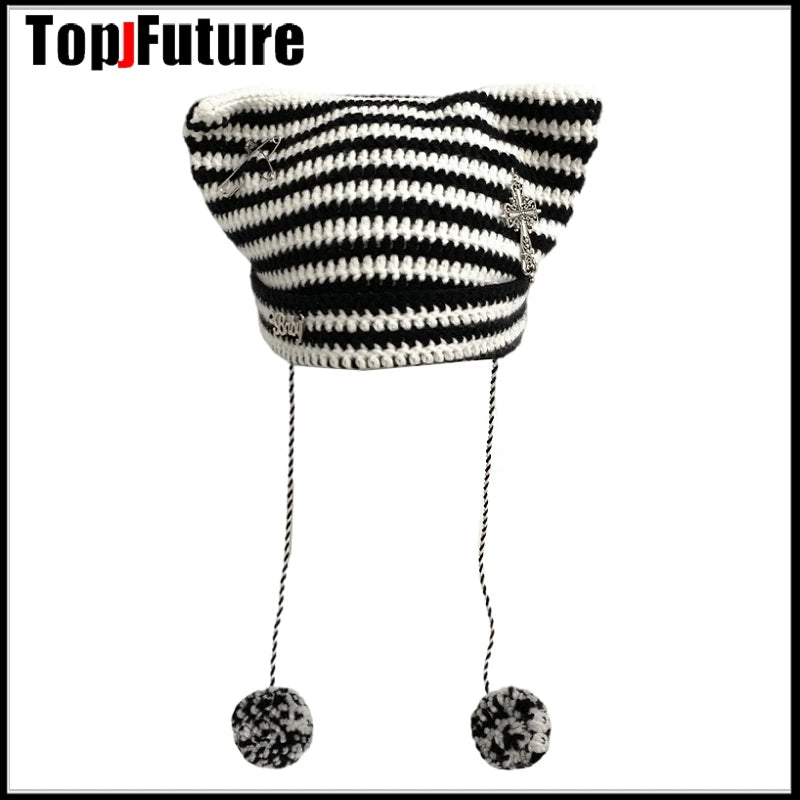 Striped Cat Ear Knit Beanie with Pompom Braids