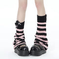 Striped Open-Knit Flare Leg Warmers with Bow