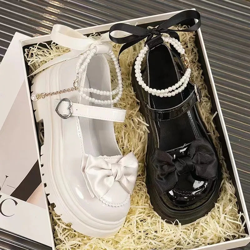 Heart Buckle Bow & Pearl Chain Mary Janes