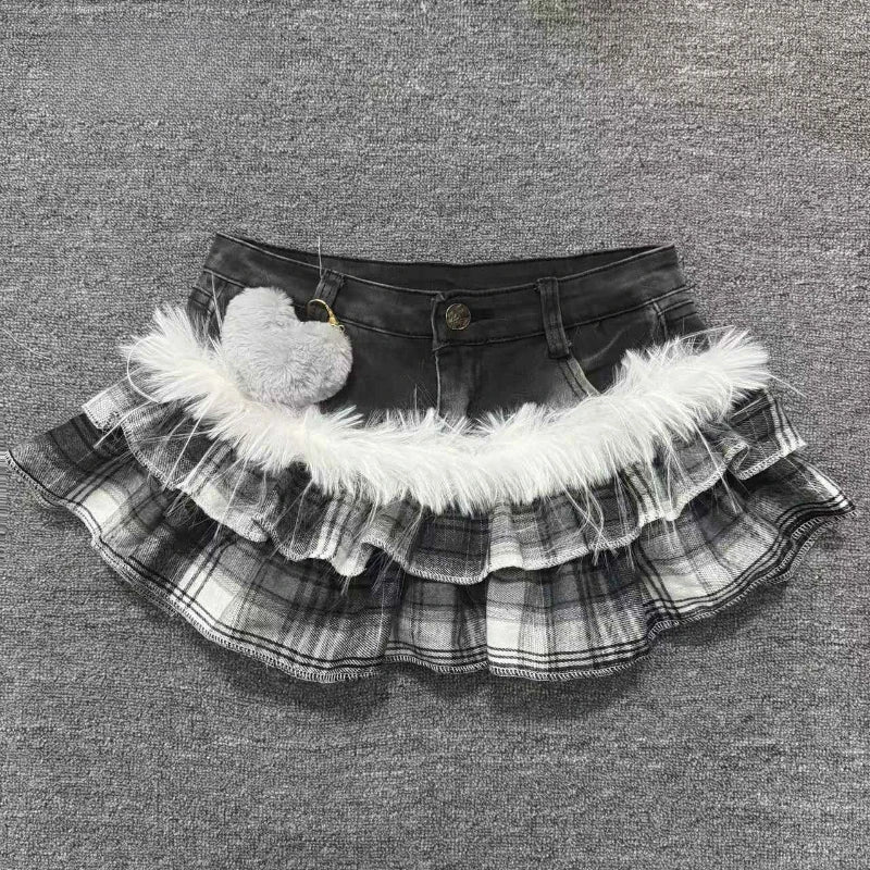 Grey Plaid Denim Ruffle Skirt with Fur Trim
