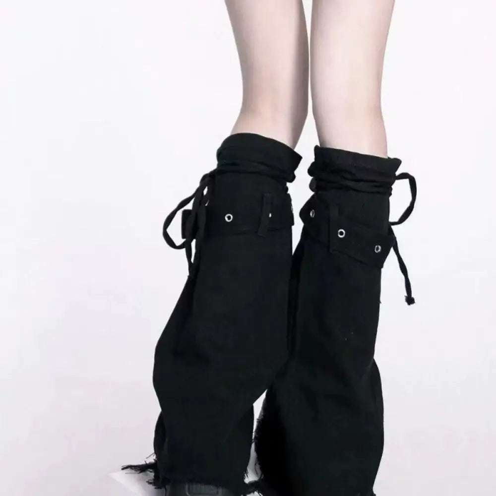Distressed Denim Buckle Leg Warmers