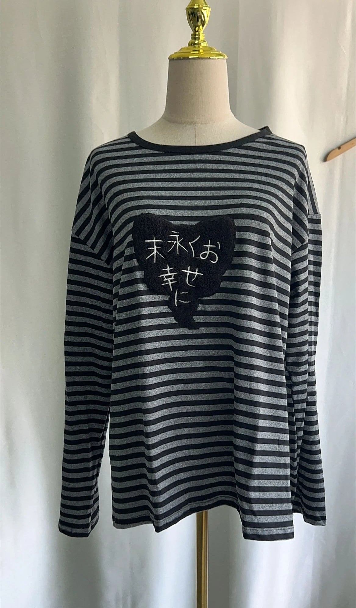 Punk Cat Patch Long Sleeve Striped Tee