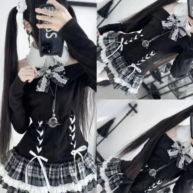 Sweet Y2K Lolita Skirt Set – Knit Off-Shoulder Top & Plaid Mini Skirt