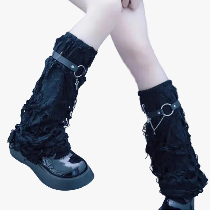 Ripped Distressed Leg Warmers with Cross Charm