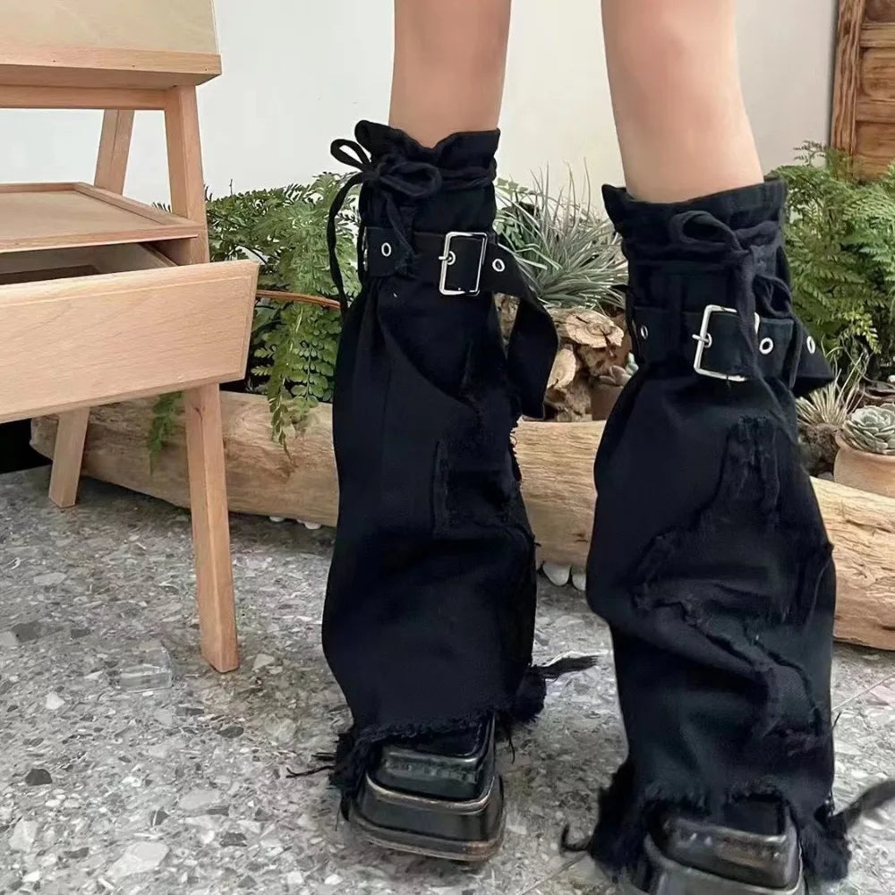 Distressed Denim Buckle Leg Warmers