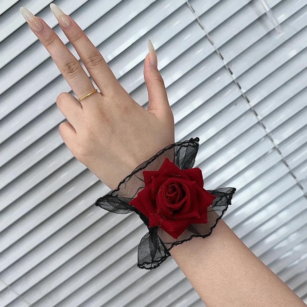 New Fashion Gothic Ruffle Lace Red Rose Wristbands Lolita Charm Bracelets Flower Mesh Hand Ornaments Lace Wristbands Accessories