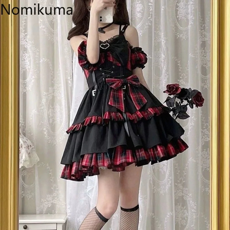 Plaid Lace-Up Heart Bow Lolita Dress