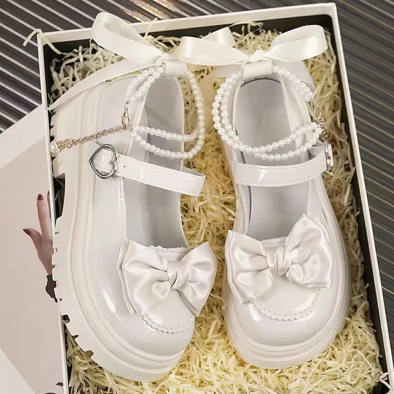 Heart Buckle Bow & Pearl Chain Mary Janes