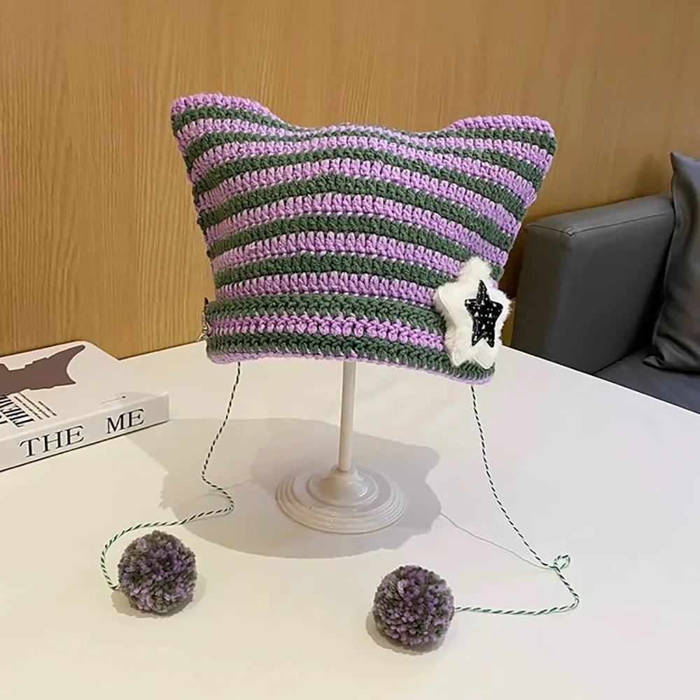 Devil Ear Striped Knit Beanie