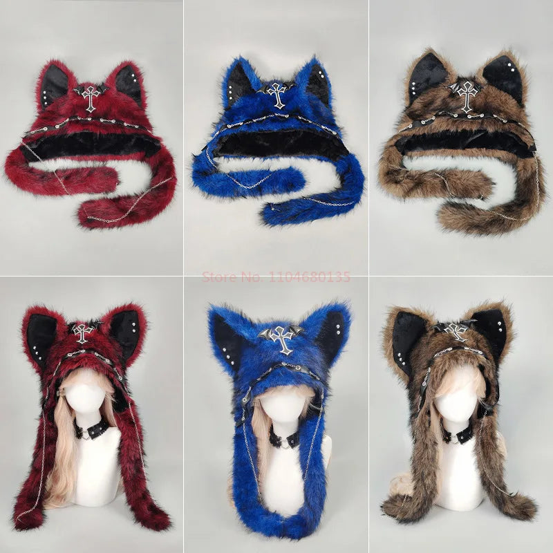 Furry Cat Ear Hat with Cross, Chains & Ear Flaps