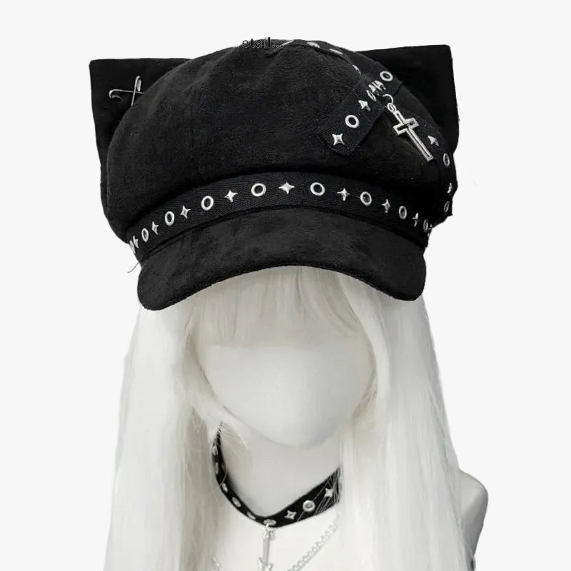 Suede Cat Ear Beret with Star & Cross