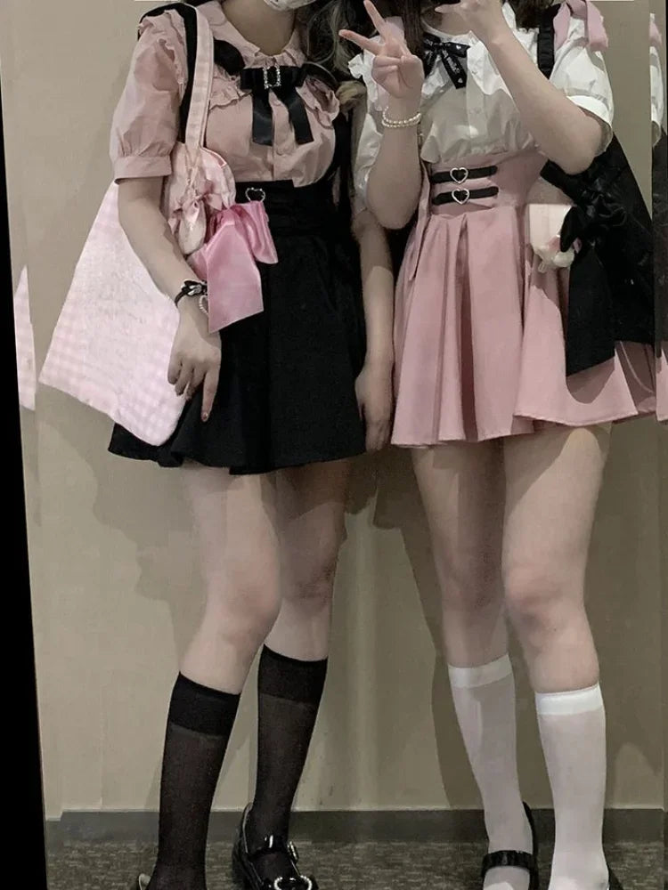 High-Waist Suspender Pleated Mini Skirt