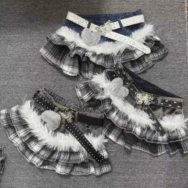 Grey Plaid Denim Ruffle Skirt with Fur Trim