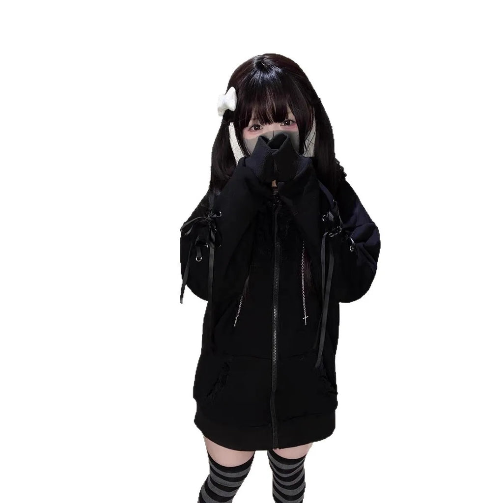 Cat Ear Cross Zip-Up Hoodie with Lace-Up Sleeves