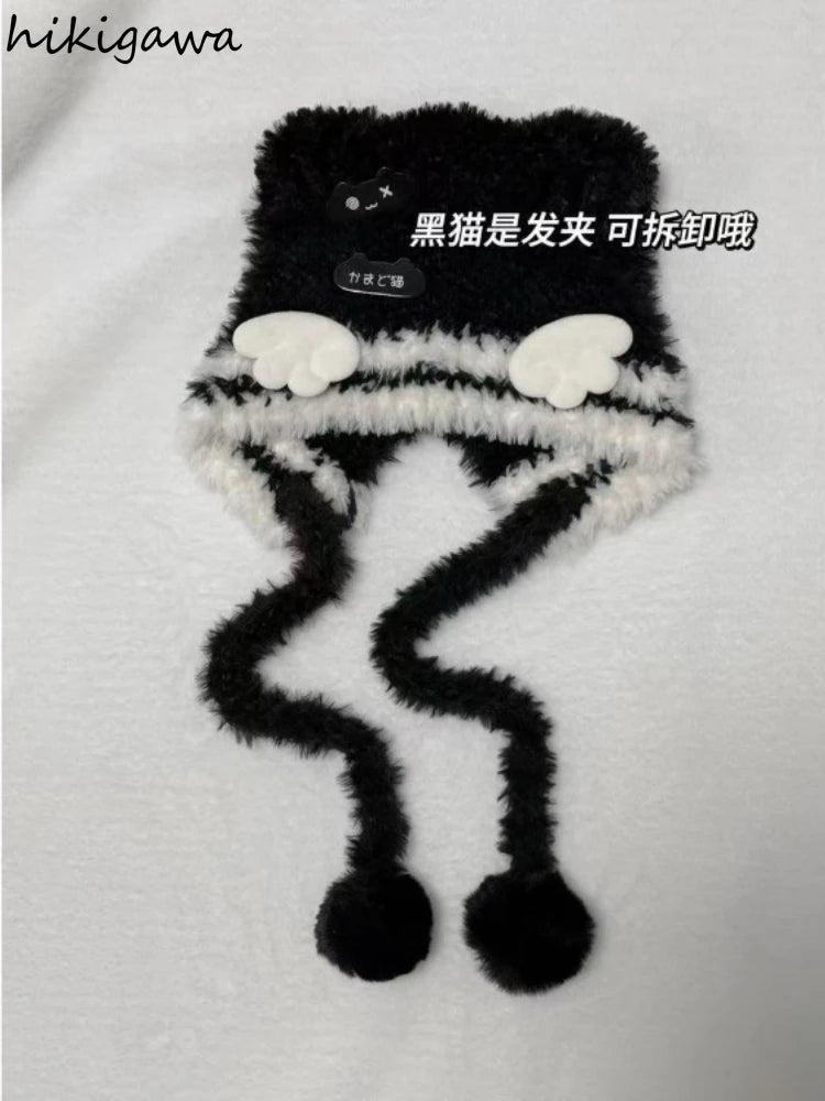 Cat Ear Knit Beanie with Angel Wings