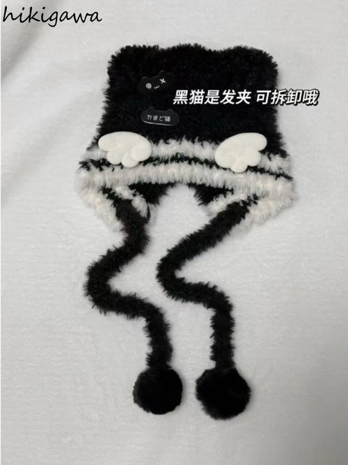 Cat Ear Knit Beanie with Angel Wings