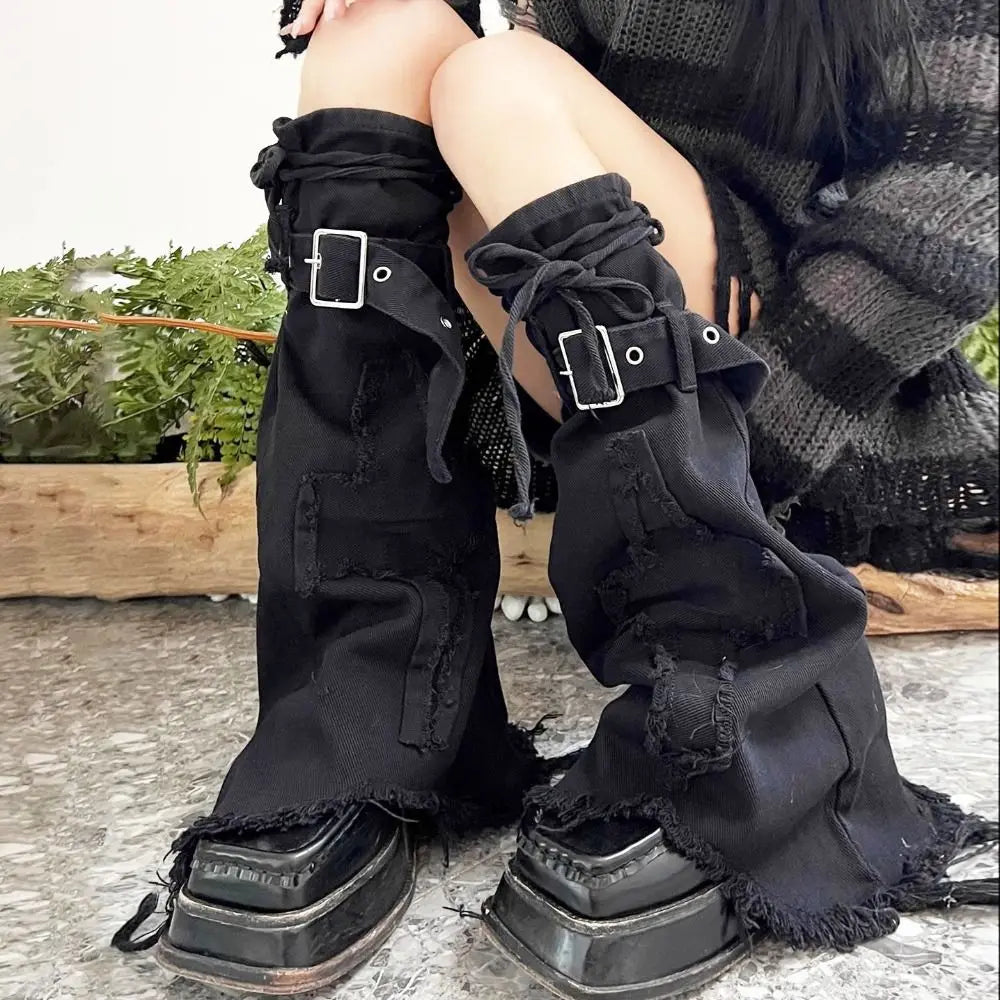 Distressed Denim Buckle Leg Warmers