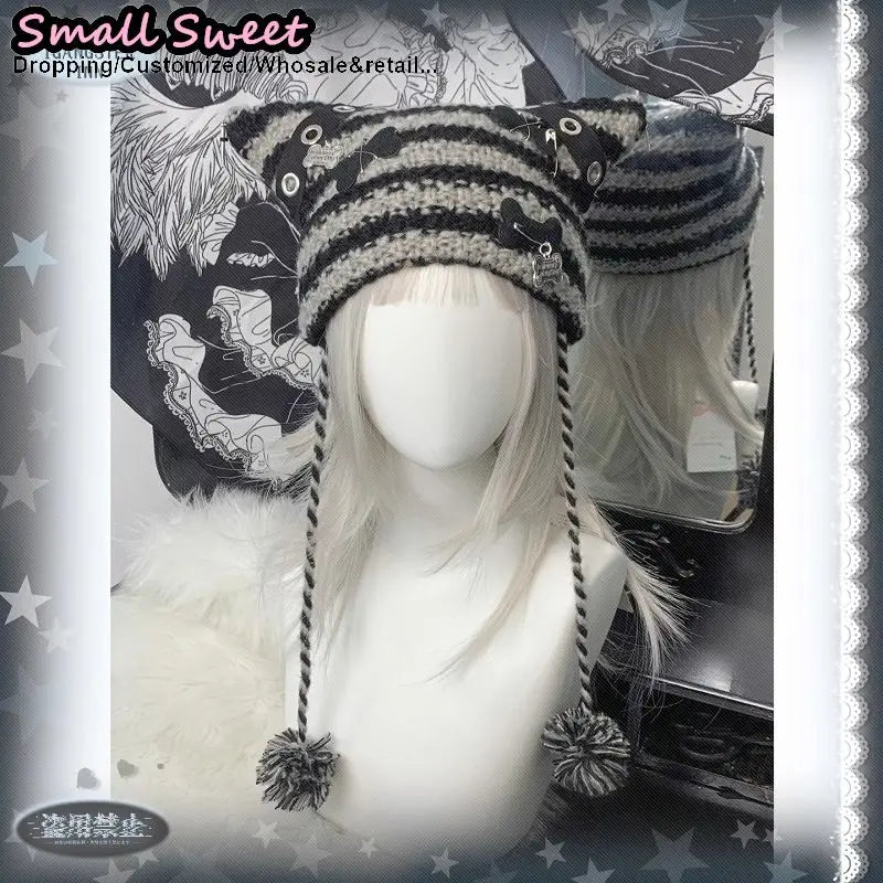 Cat Ear Ear-Flap Beanie with Pompoms