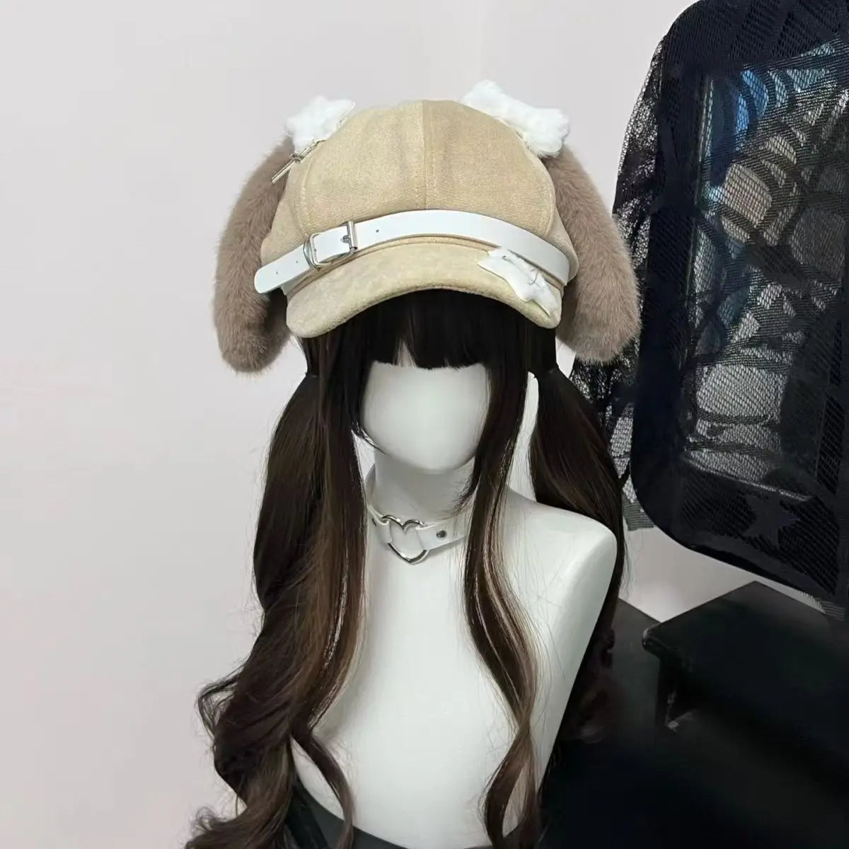 Bunny Ear Suede Newsboy Cap with Belt Buckle