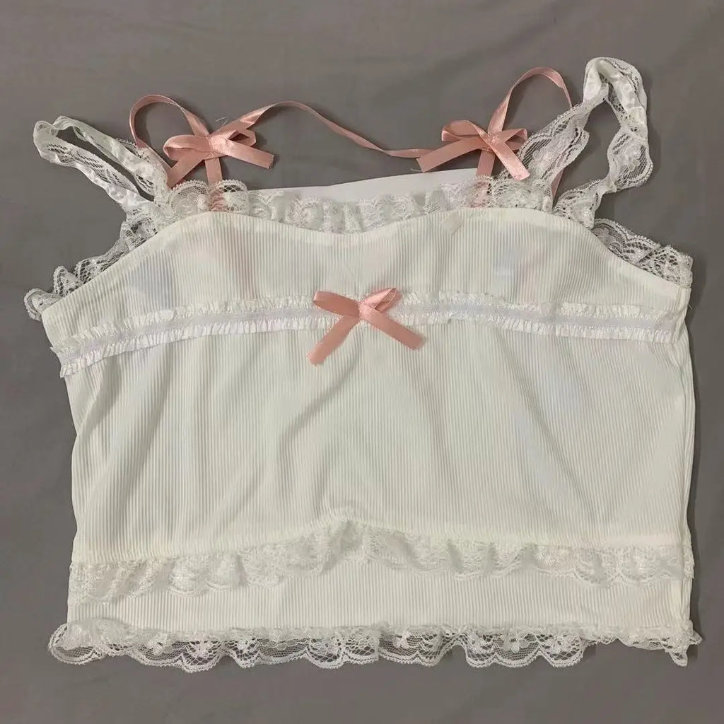 Pink Lace Trim Bow Camisole
