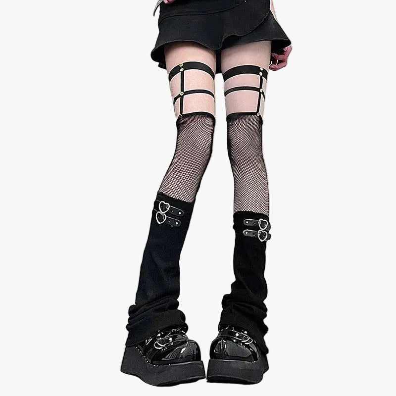Fishnet Flare Leg Warmers with Heart Buckles