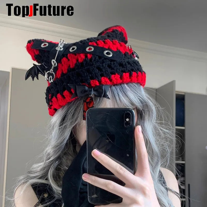 Crochet Cat Ear Beanie with Bat Wing Charms