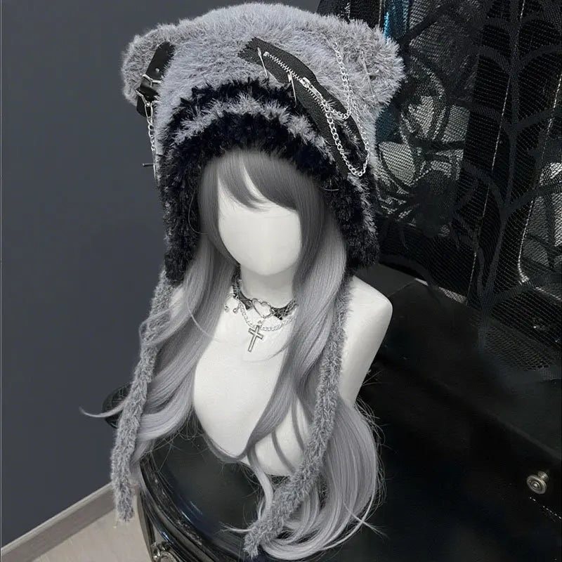Fuzzy Bear Ear Knit Beanie with Chains & Cross