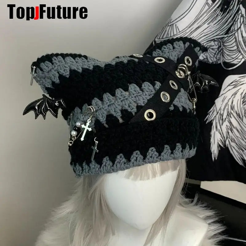 Crochet Cat Ear Beanie with Bat Wing Charms