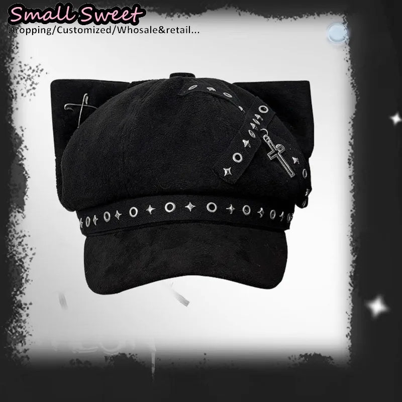 Suede Cat Ear Beret with Star & Cross