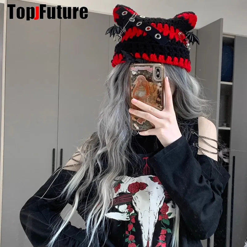 Crochet Cat Ear Beanie with Bat Wing Charms