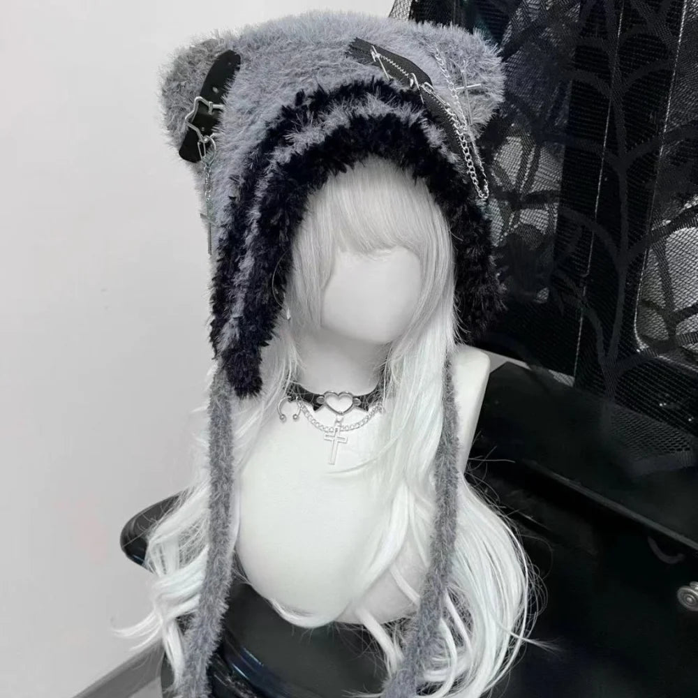 Fuzzy Bear Ear Hat with Chains & Cross