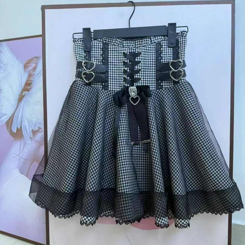 Gothic Y2K Lolita Skirt Set – Lace Off-Shoulder Top & Plaid Skirt